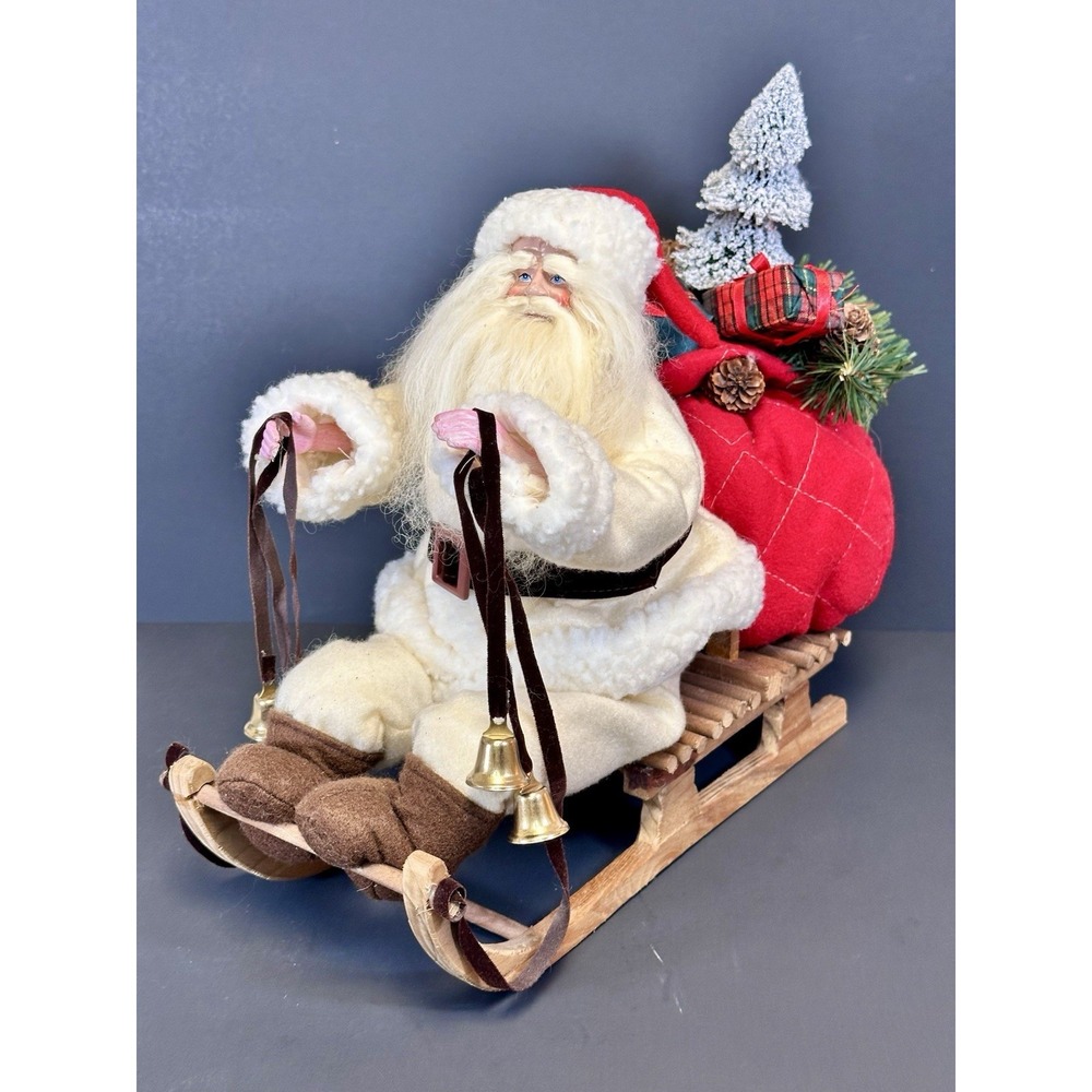 Vintage Plush Santa on Wooden Sled w/ Bells & Gifts Holiday Treasures Christmas